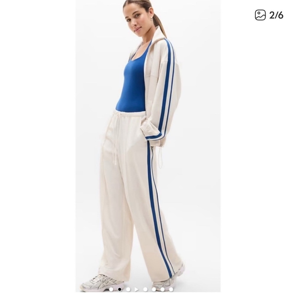 Athleta MVP Side Stripe Track Pants in Cream with Blue Stripe